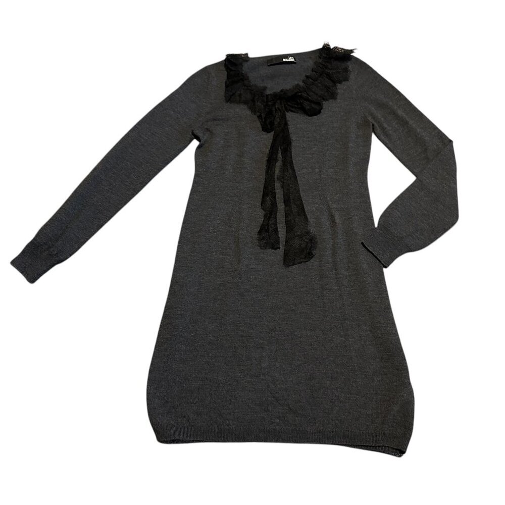Love Moschino Grey Wool Sweater Dress Lace Ruffle Trim Stretch Size 6 Women's